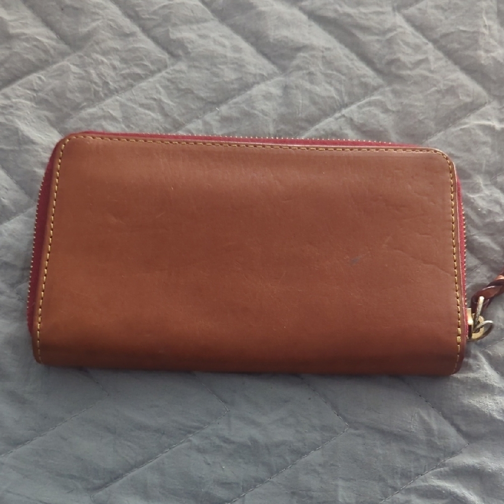 Dooney & Bourke Brown Leather Zip-Around Wallet with Red Trim - Picture 3 of 4